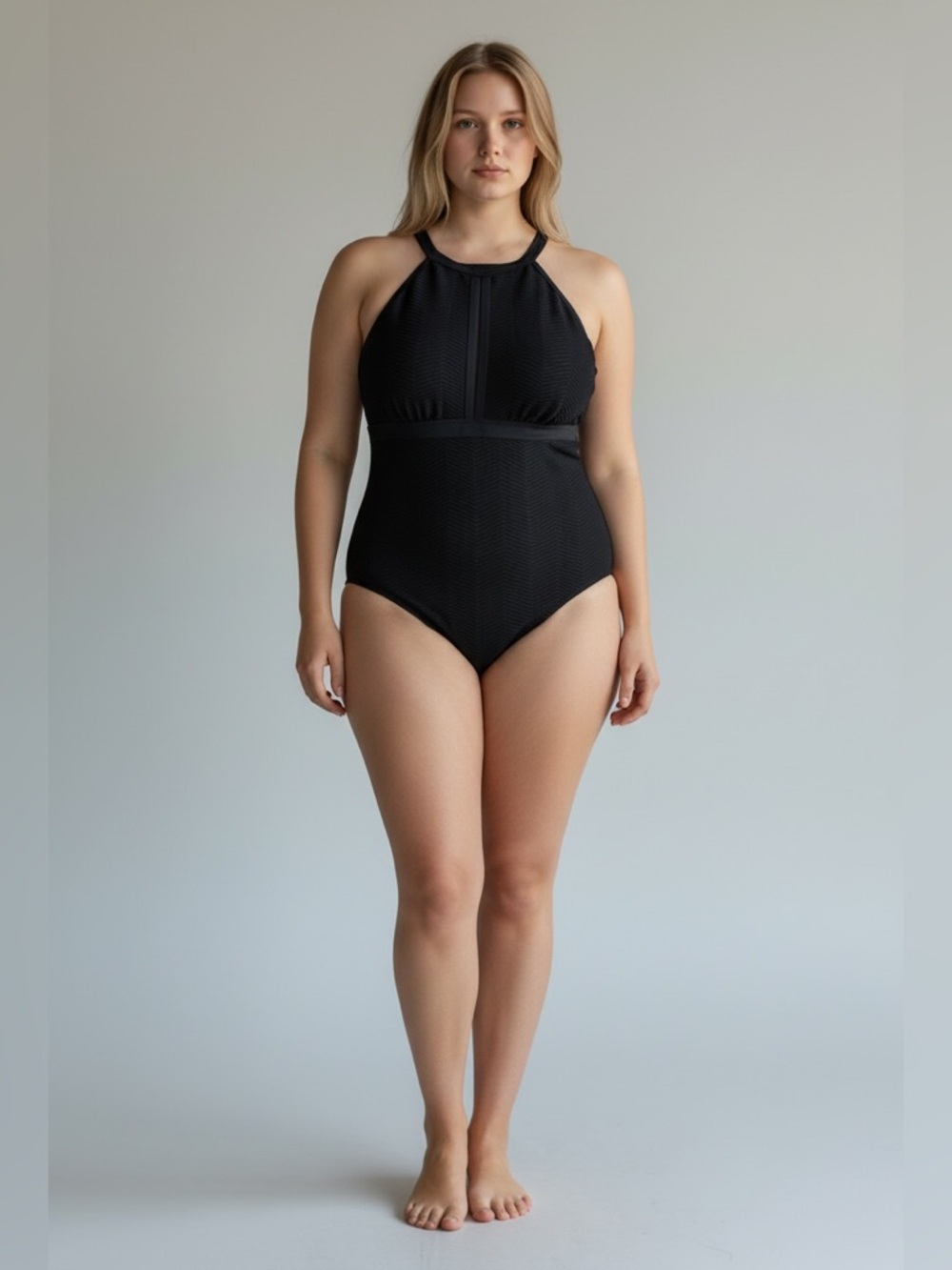 Lands' End Black Textured High-Neck One-Piece Swimsuit